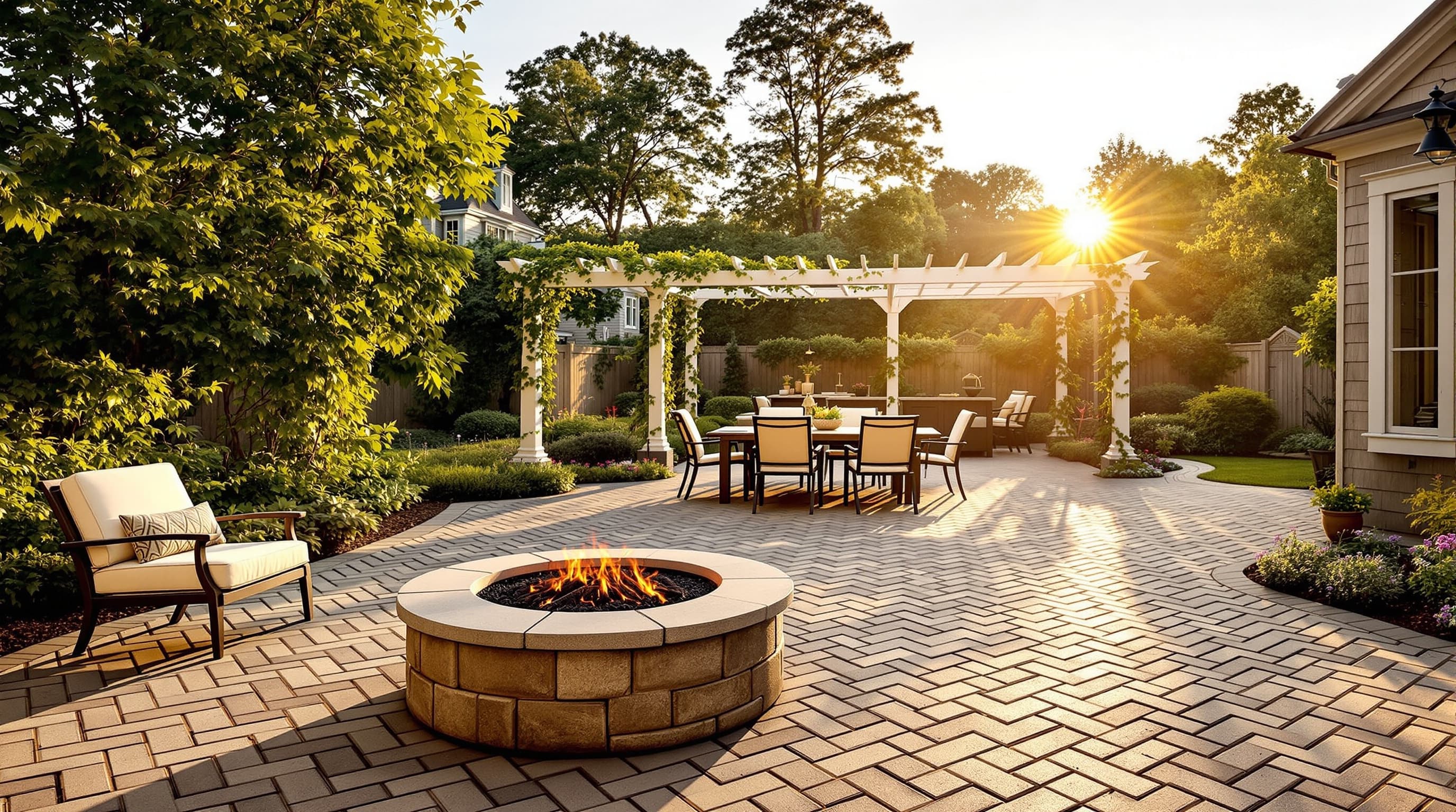 Paver patio with fire pit on Long Island