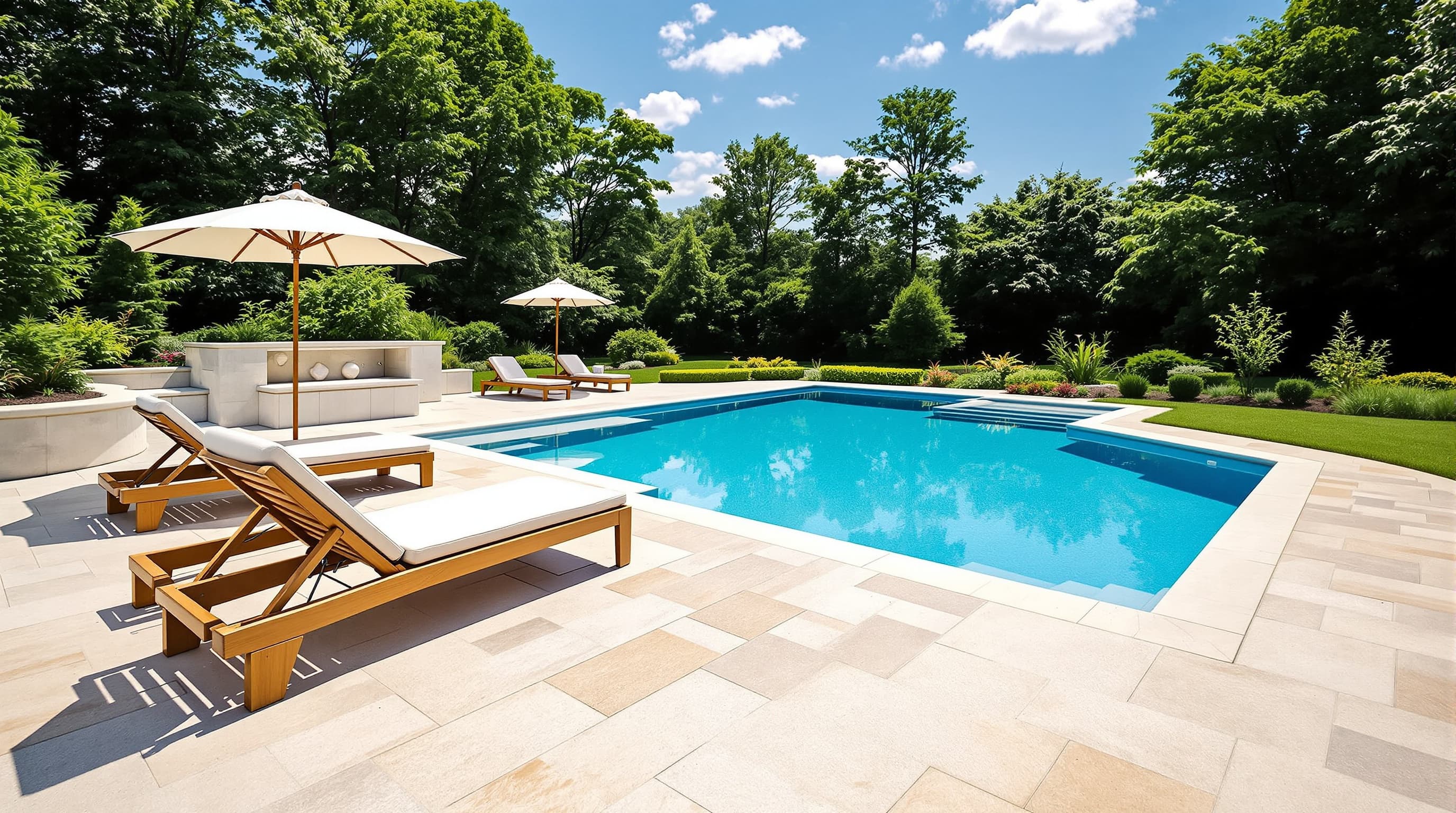 Travertine pool deck on Long Island